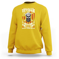 Daisy yellow crewneck sweatshirt with Veteran graphic, grumpy skull and flags on chest.