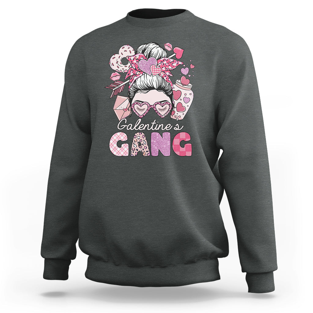 Galentines Gang Retro Messy Bun Valentine's Day Sisters Sweatshirt - Wonder Print Shop