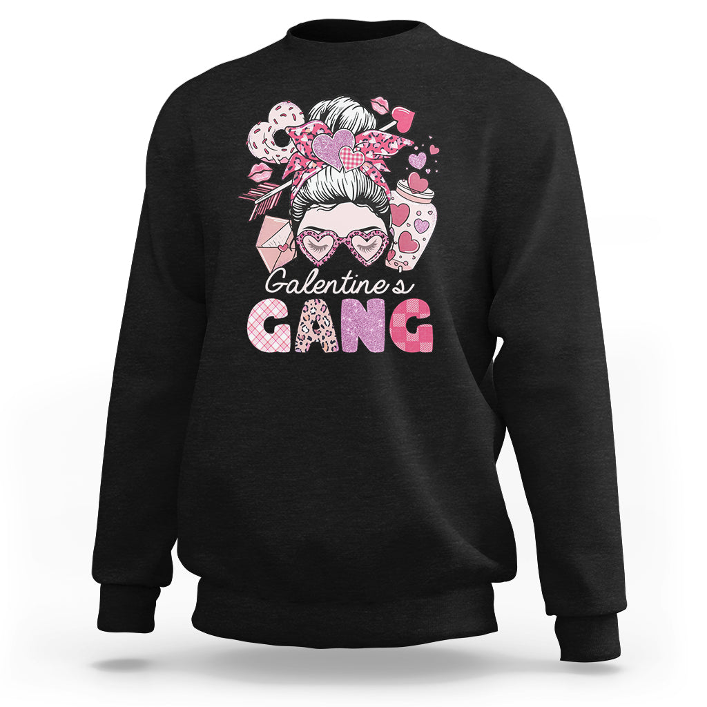 Galentines Gang Retro Messy Bun Valentine's Day Sisters Sweatshirt - Wonder Print Shop