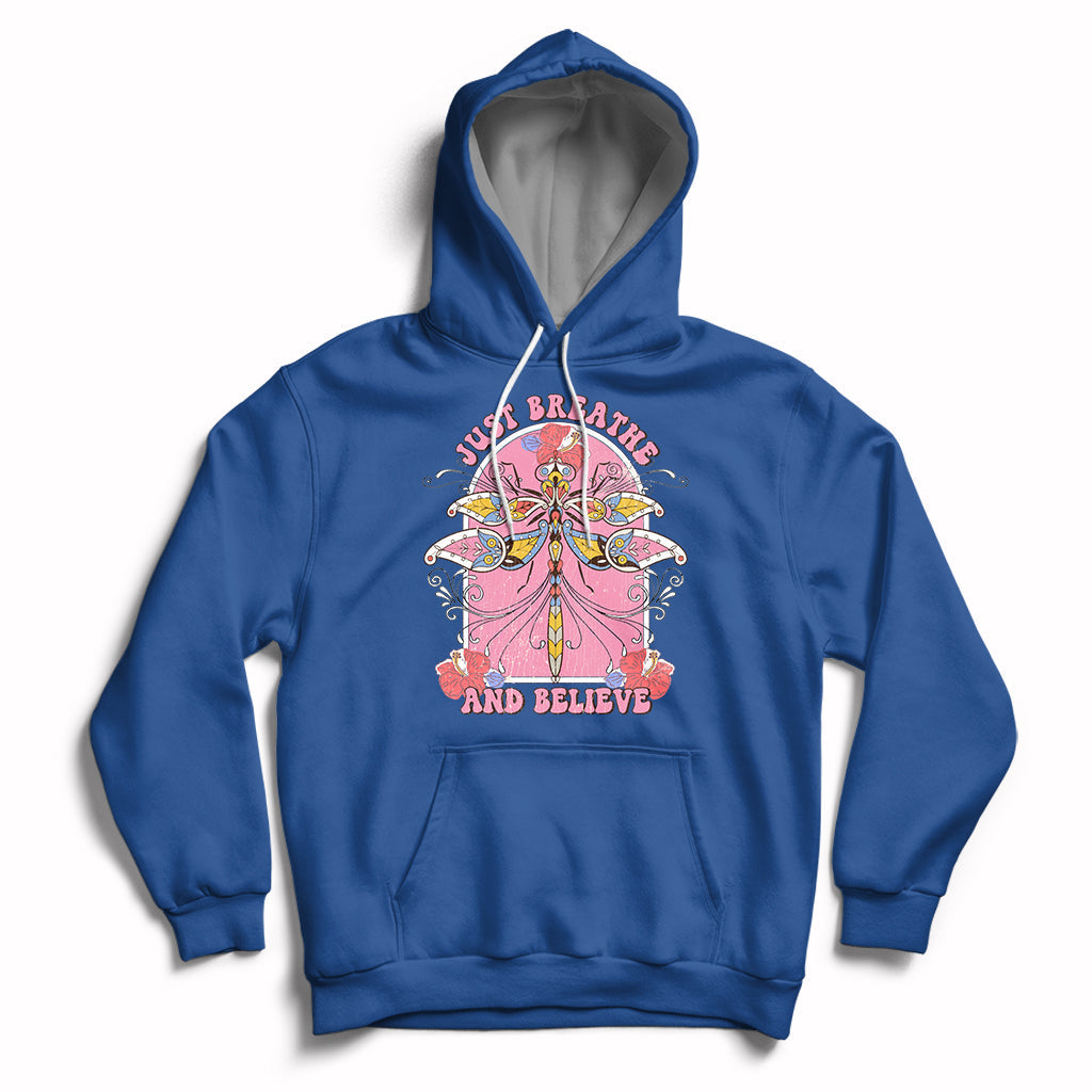Just Breathe And Believe Dragonfly Retro Boho Motivational Hoodie - Wonder Print Shop