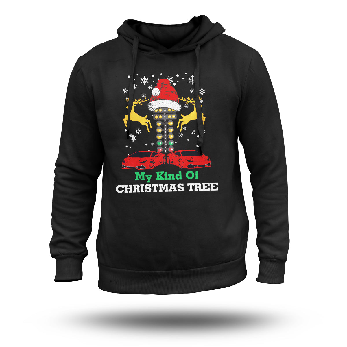 Black hoodie with Christmas tree and racing car graphic on the front