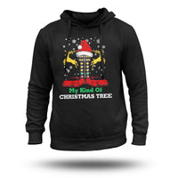 Black hoodie with Christmas tree and racing car graphic on the front