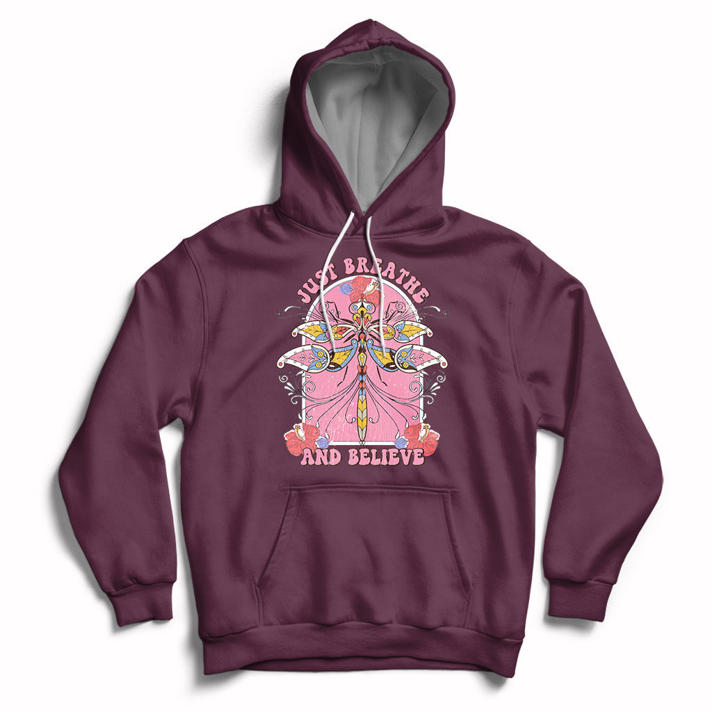 Just Breathe And Believe Dragonfly Retro Boho Motivational Hoodie - Wonder Print Shop