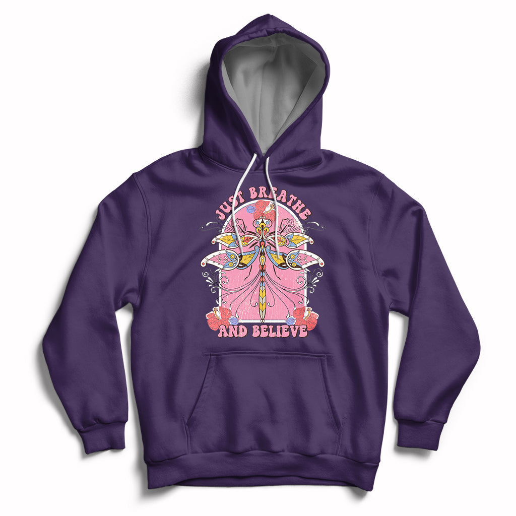 Just Breathe And Believe Dragonfly Retro Boho Motivational Hoodie - Wonder Print Shop