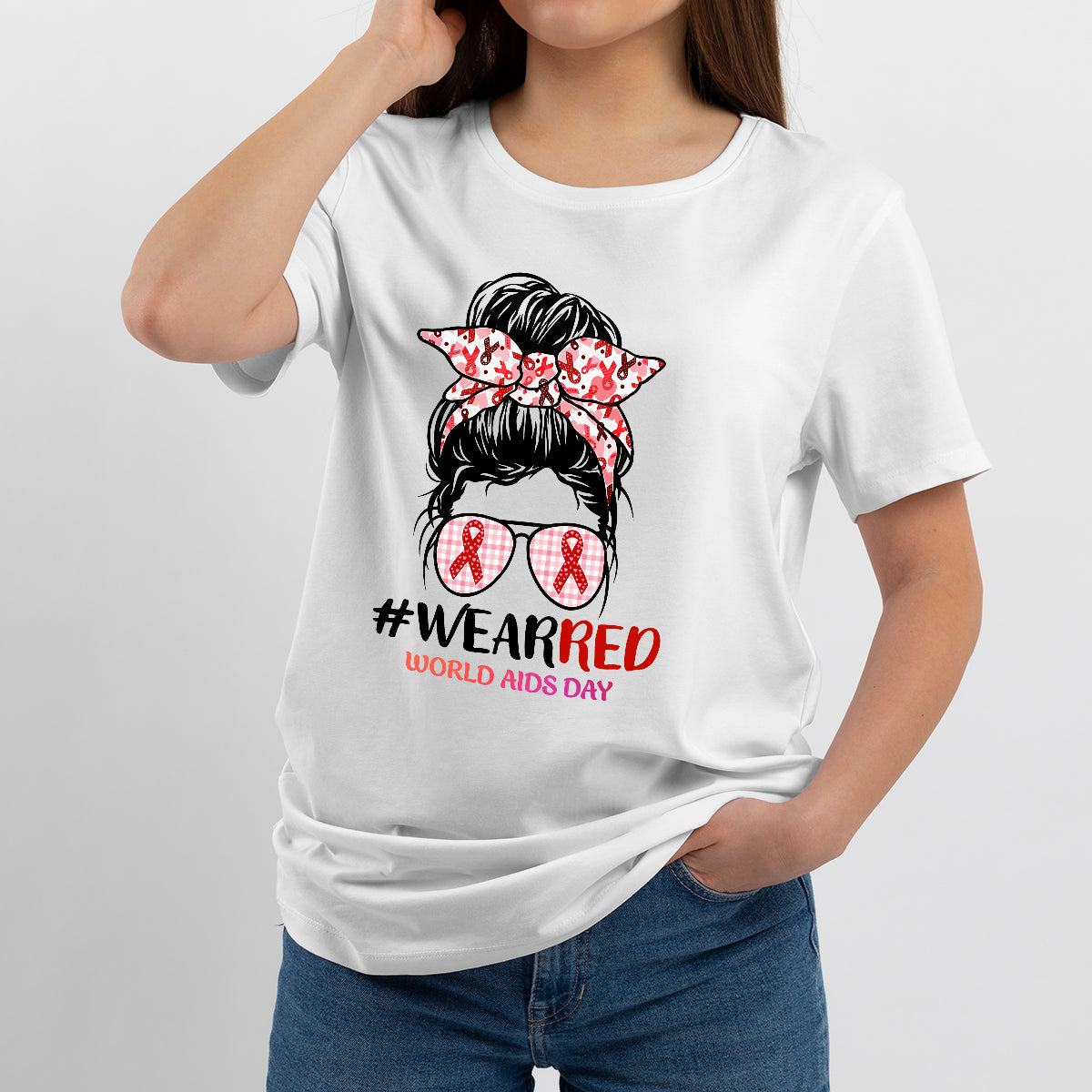 #Wearred World AIDS Day Messy Bun Red Ribbon, Awareness T Shirt - Wonder Print Shop