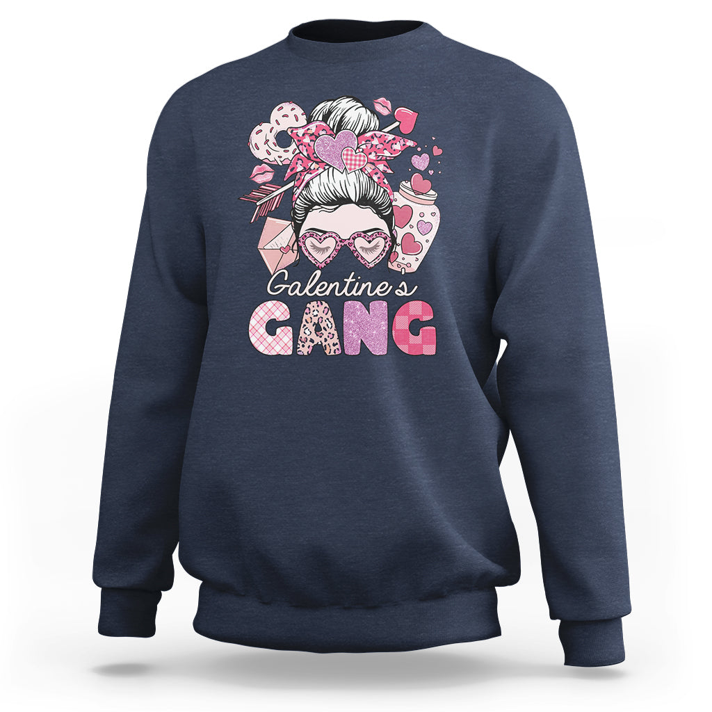 Galentines Gang Retro Messy Bun Valentine's Day Sisters Sweatshirt - Wonder Print Shop