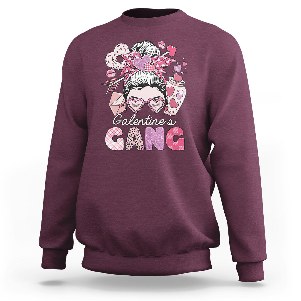 Galentines Gang Retro Messy Bun Valentine's Day Sisters Sweatshirt - Wonder Print Shop