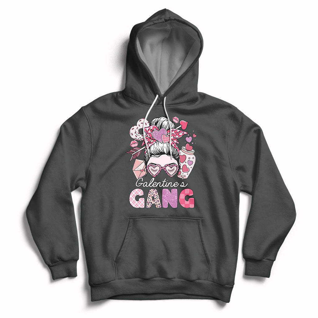 Dark gray pullover hoodie with front 'Galentines Gang' graphic and heart-themed girl face print