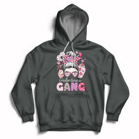 Dark gray pullover hoodie with front 'Galentines Gang' graphic and heart-themed girl face print