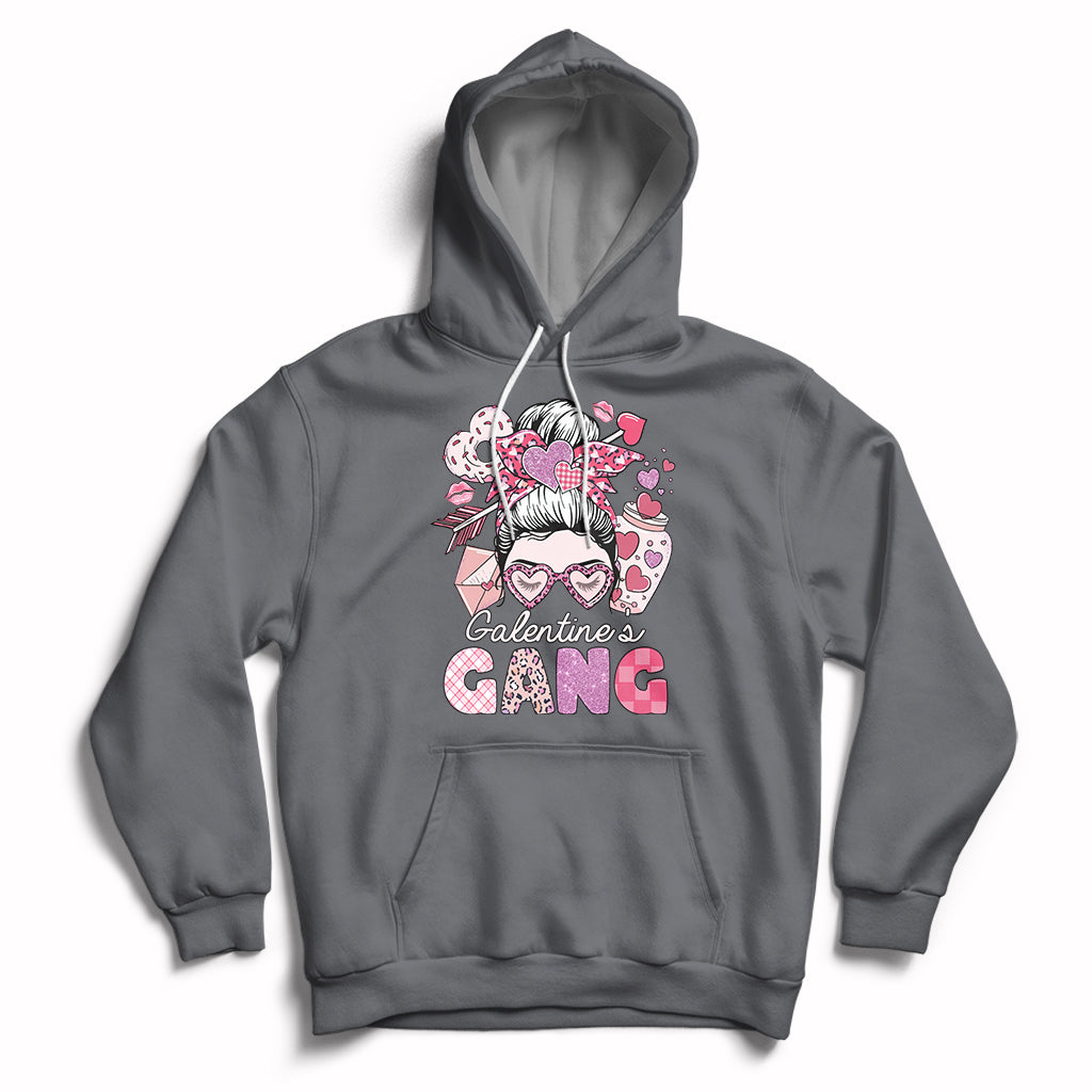 Charcoal gray pullover hoodie with front 'Galentines Gang' graphic and heart-themed girl face print