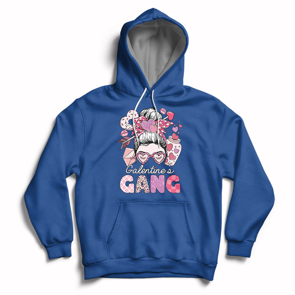 Royal blue pullover hoodie with front 'Galentines Gang' graphic and heart-themed girl face print