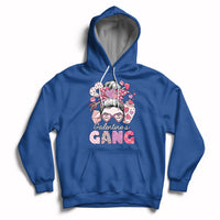 Royal blue pullover hoodie with front 'Galentines Gang' graphic and heart-themed girl face print