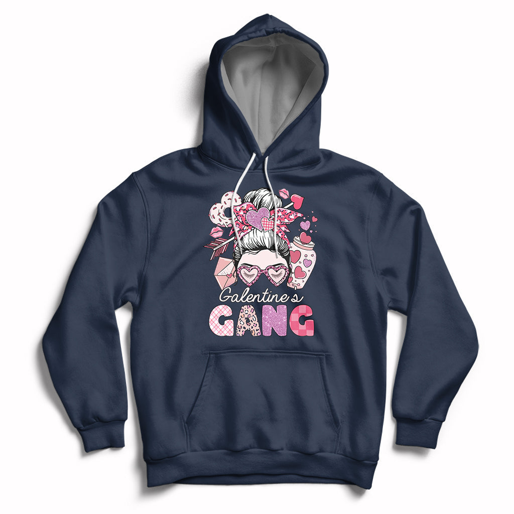 Navy pullover hoodie with front 'Galentines Gang' graphic and heart-themed girl face print