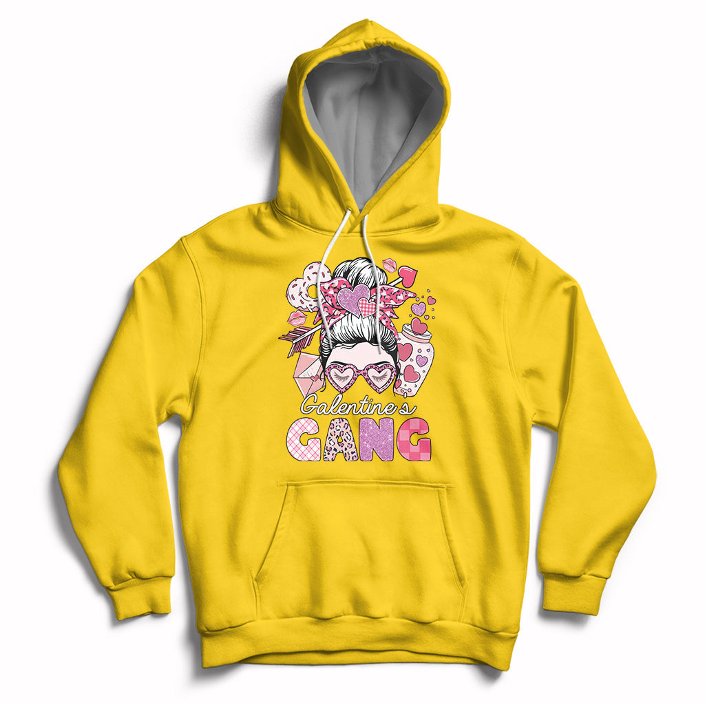 Yellow pullover hoodie with front 'Galentines Gang' graphic and heart-themed girl face print