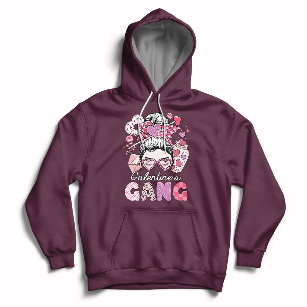 Maroon pullover hoodie with front 'Galentines Gang' graphic and heart-themed girl face print