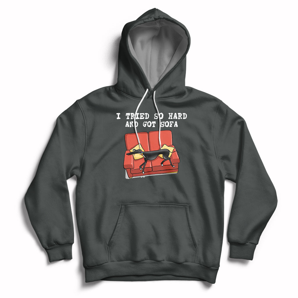 Dark heather hoodie with front pocket, hood drawstrings, and dog on sofa graphic