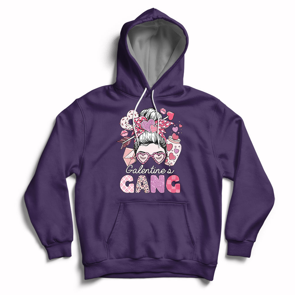 Purple pullover hoodie with front 'Galentines Gang' graphic and heart-themed girl face print