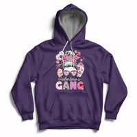 Purple pullover hoodie with front 'Galentines Gang' graphic and heart-themed girl face print