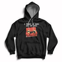 Black hoodie with front pocket, hood drawstrings, and dog on sofa graphic