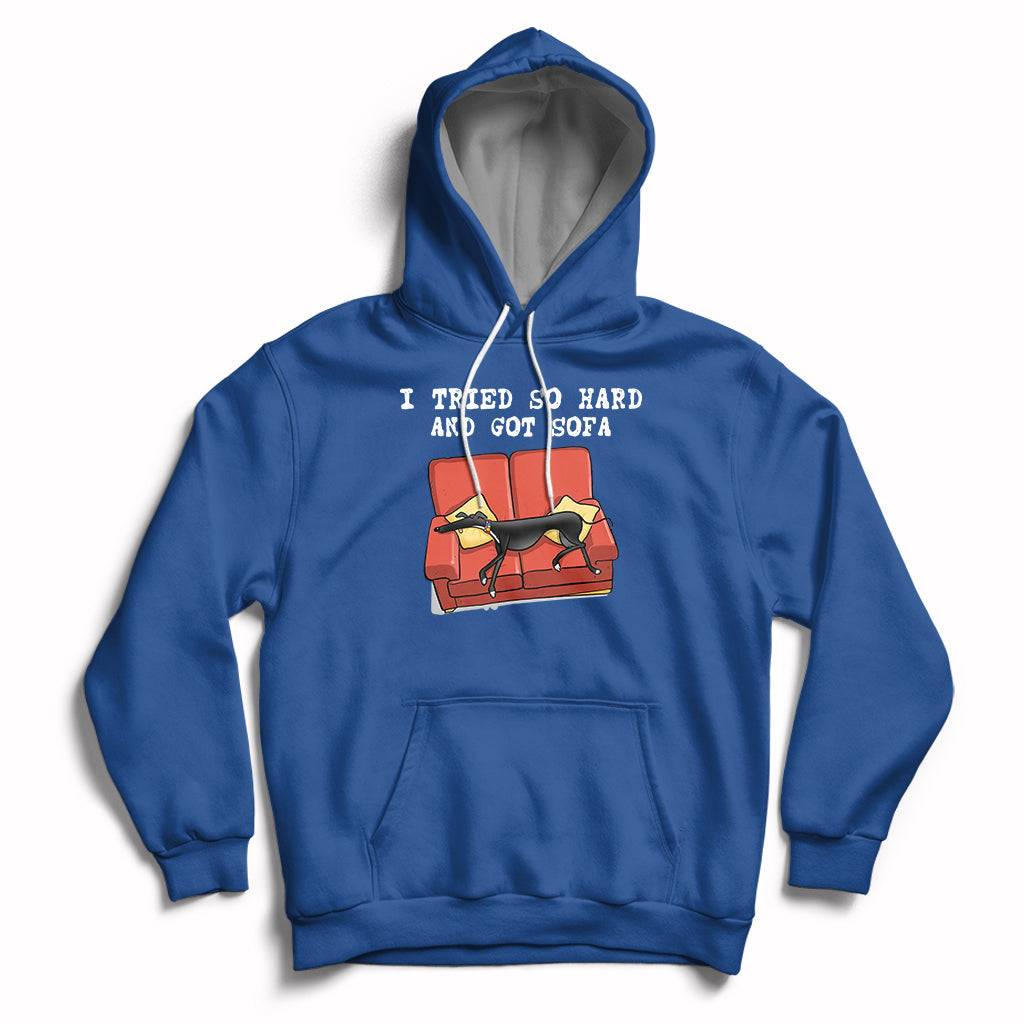 Royal blue hoodie with front pocket, hood drawstrings, and dog on sofa graphic
