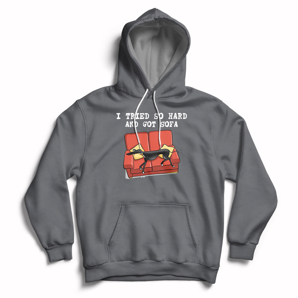 Charcoal hoodie with front pocket, hood drawstrings, and dog on sofa graphic