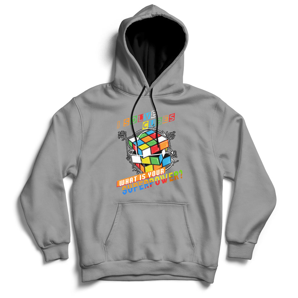 Gray speed cubing hoodie with colorful cube graphic on the chest and front pocket.