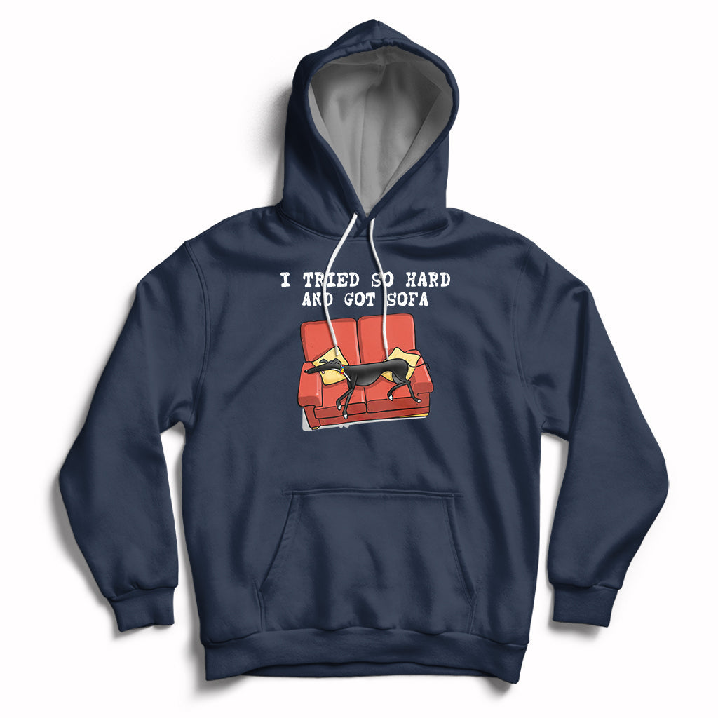 Navy hoodie with front pocket, hood drawstrings, and dog on sofa graphic