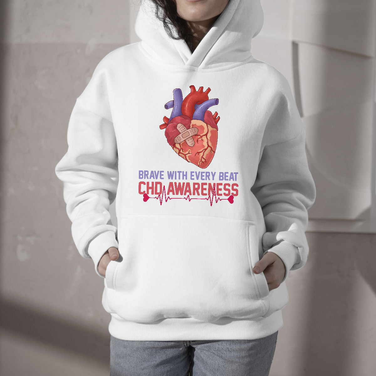 Brave With Every Beat CHD Heart Disease Red And Blue Ribbon Hoodie - Wonder Print Shop