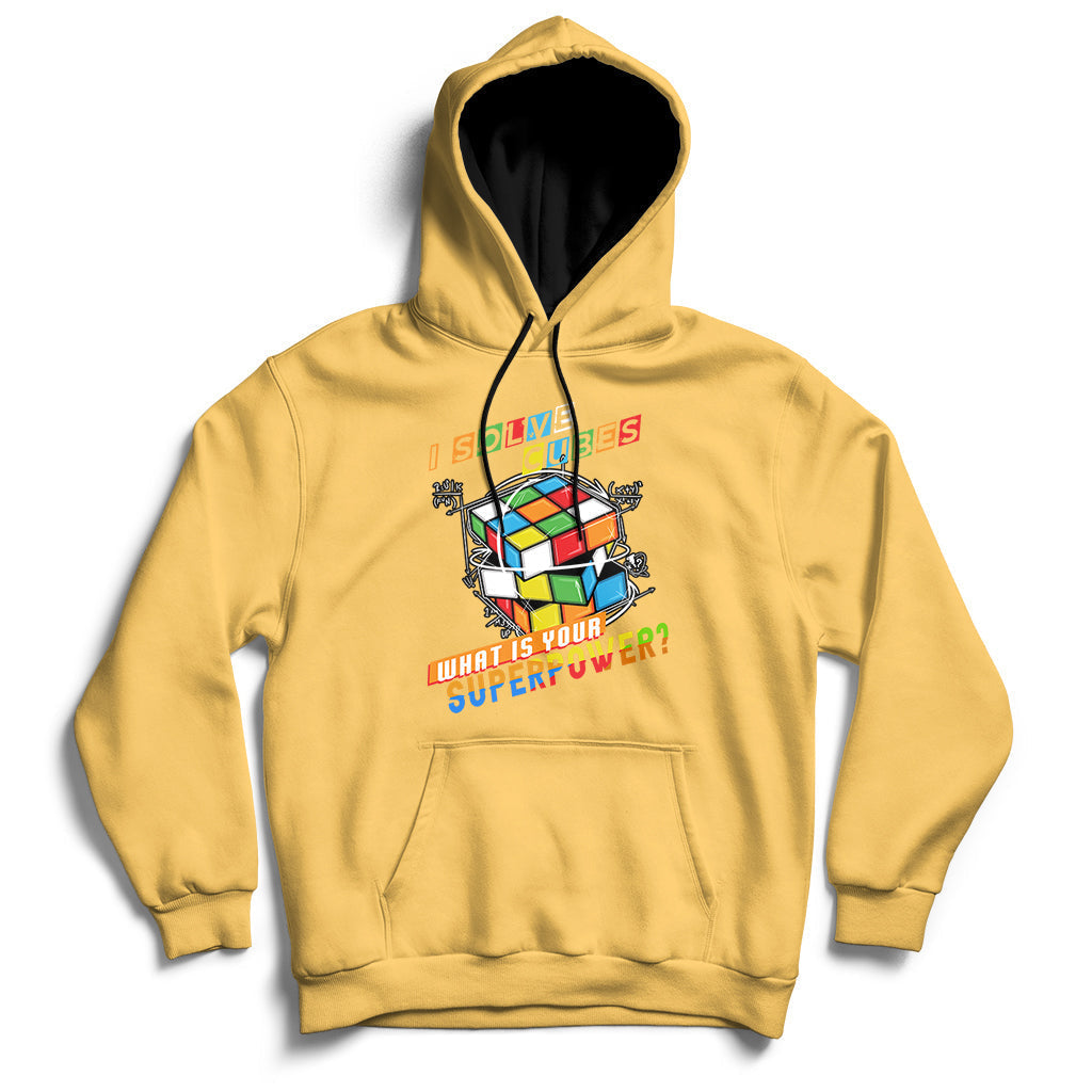 Daisy yellow speed cubing hoodie with colorful cube graphic on the chest and front pocket.