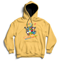 Daisy yellow speed cubing hoodie with colorful cube graphic on the chest and front pocket.