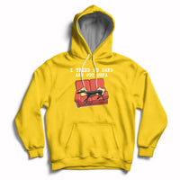 Daisy yellow hoodie with front pocket, hood drawstrings, and dog on sofa graphic