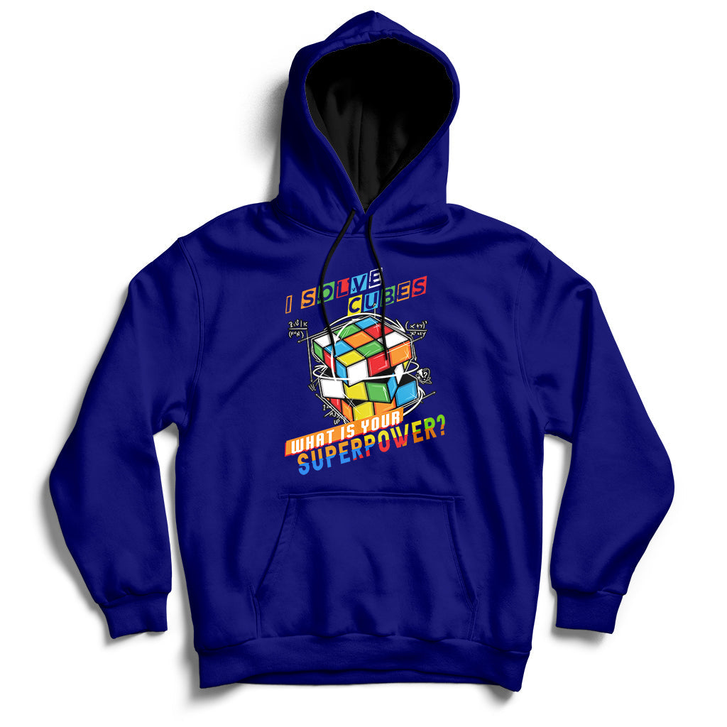 Navy speed cubing hoodie with colorful cube graphic on the chest and front pocket.