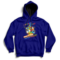 Navy speed cubing hoodie with colorful cube graphic on the chest and front pocket.