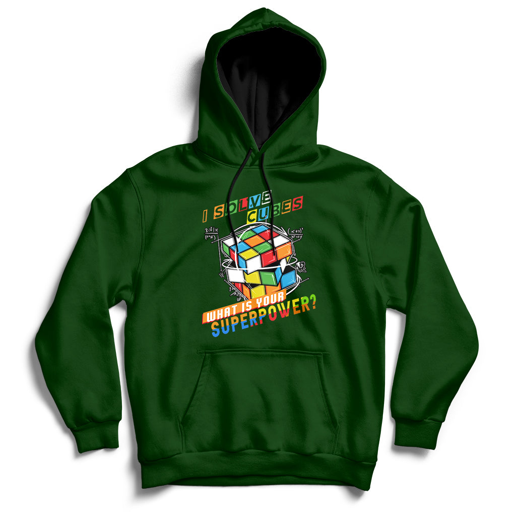 Forest green speed cubing hoodie with colorful cube graphic on the chest and front pocket.