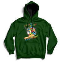 Forest green speed cubing hoodie with colorful cube graphic on the chest and front pocket.