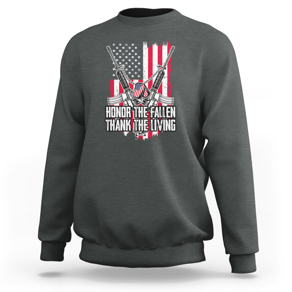 Dark heather crewneck sweatshirt with patriotic eagle graphic and “Honor the Fallen Thank the Living” text