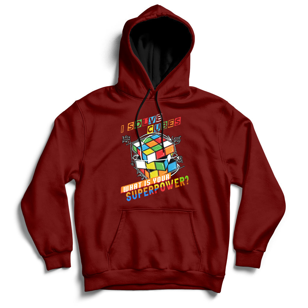 Maroon speed cubing hoodie with colorful cube graphic on the chest and front pocket.