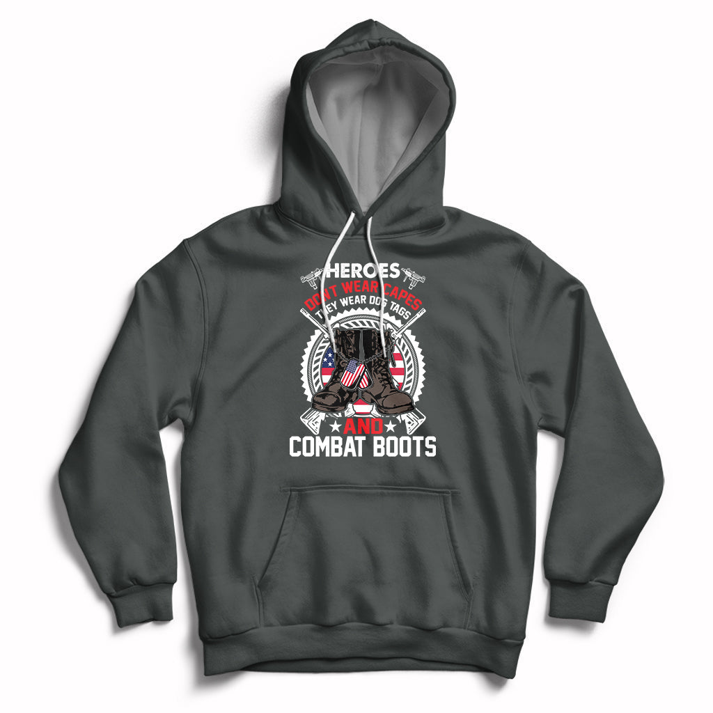 Dark gray pullover hoodie with front pocket and chest graphic, adjustable hood