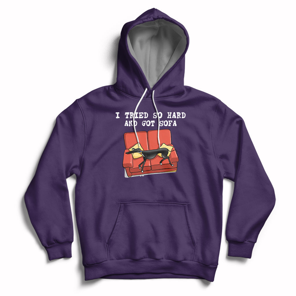 Purple hoodie with front pocket, hood drawstrings, and dog on sofa graphic
