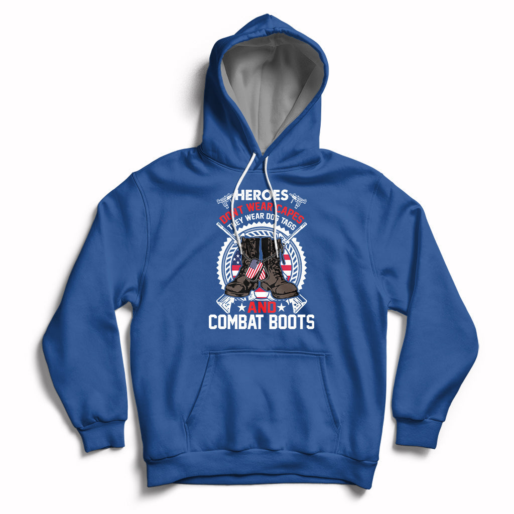 Royal blue pullover hoodie with front pocket and chest graphic, adjustable hood