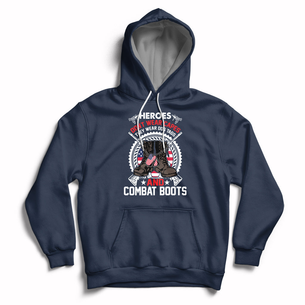 Navy pullover hoodie with front pocket and chest graphic, adjustable hood