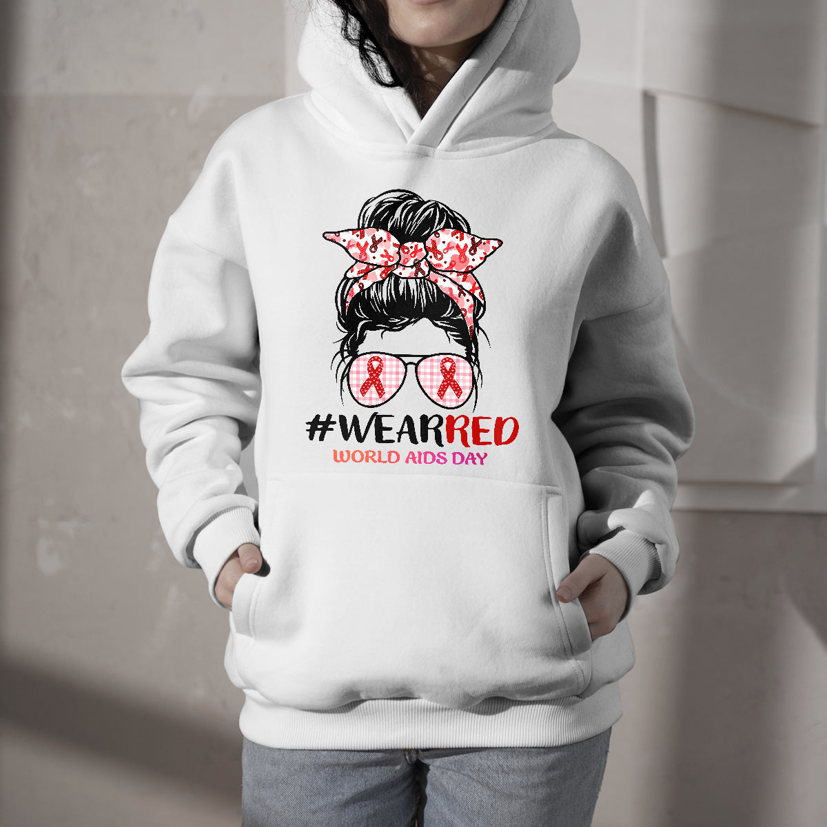 #Wearred World AIDS Day Messy Bun Red Ribbon, Awareness Hoodie - Wonder Print Shop
