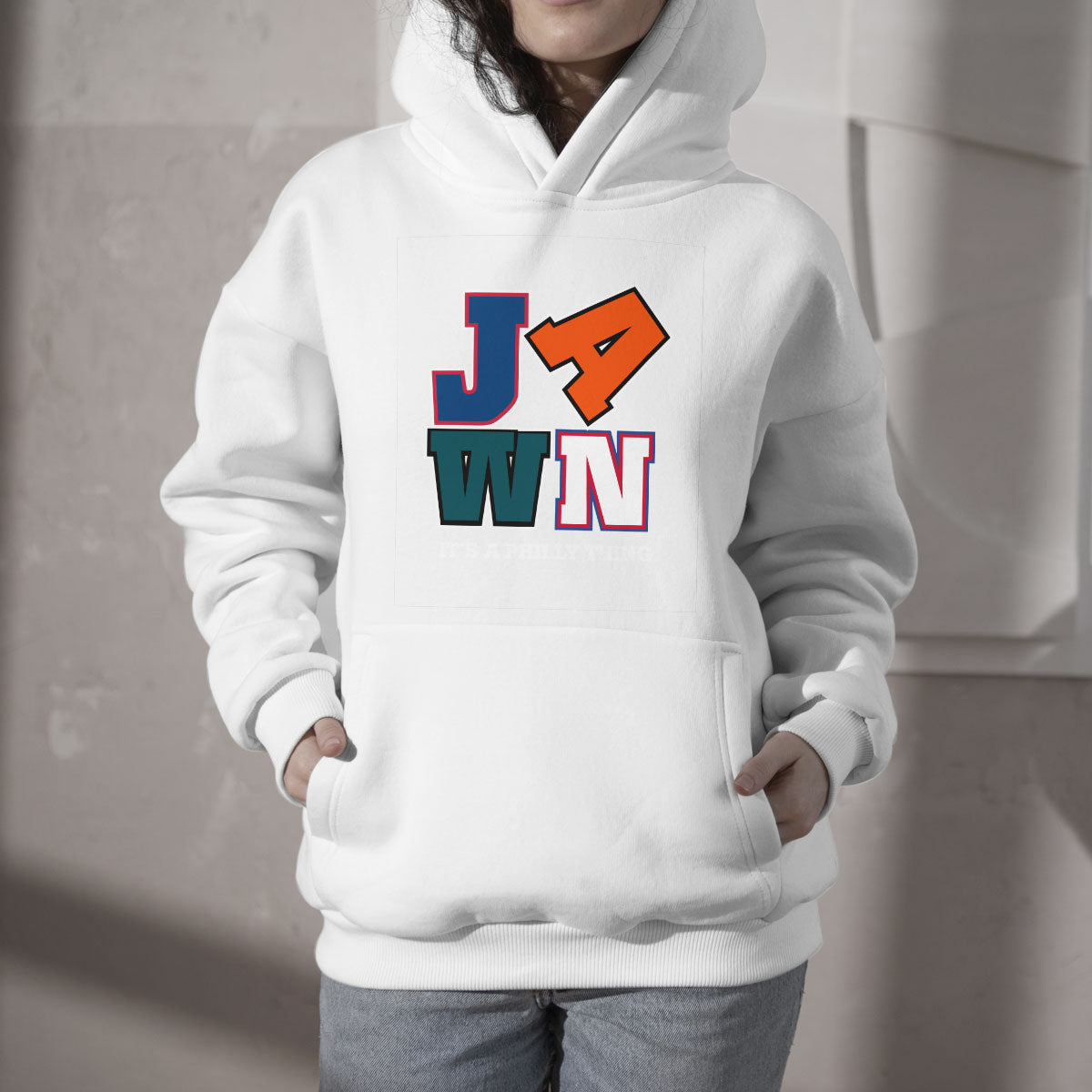 White Philadelphia fan hoodie with front JA WN graphic and “IT’S A PHILLY THING” text