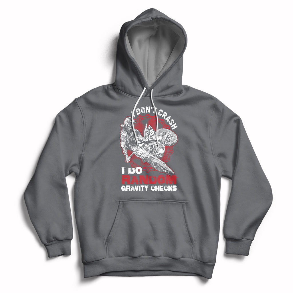 Gray motocross biker hoodie with front graphic "Gravity Checks" and kangaroo pocket.