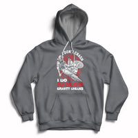 Gray motocross biker hoodie with front graphic "Gravity Checks" and kangaroo pocket.