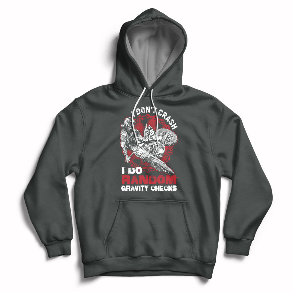 Dark charcoal motocross biker hoodie with front graphic "Gravity Checks" and kangaroo pocket.