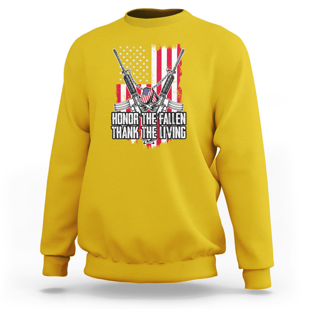 Daisy yellow crewneck sweatshirt with patriotic eagle graphic and “Honor the Fallen Thank the Living” text