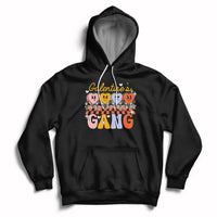 Black pullover hoodie with front graphic, kangaroo pocket, hood and white drawstrings.