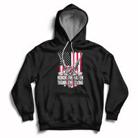 Black pullover hoodie with patriotic graphic and white drawstrings, front pouch pocket