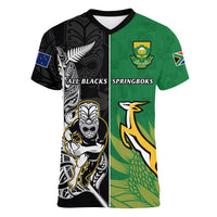 Custom New Zealand And South Africa Rugby V Neck T Shirt All Black Maori Mix Springboks - Wonder Print Shop